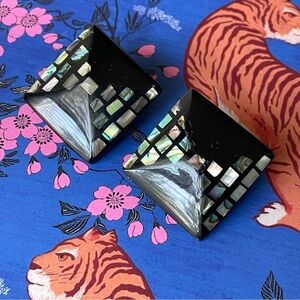 Unusual vintage lucite/acrylic & abalone inlay modernist style clip-on earrings